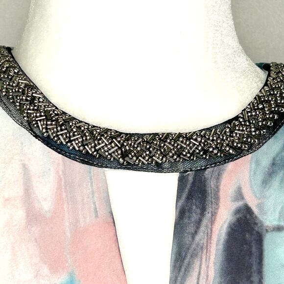 Mossimo Target Pastel Blue Pink Gray Faux Wrap Beaded Neck  Blouse - Picture 2 of 9